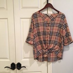 ENTRO Plaid Tie Front Button Down Cotton Top L